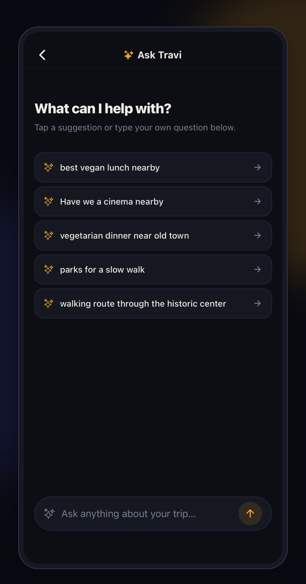Ask Travi prompt screen with suggestions like 'walking route through the historic center' and 'best viewpoint for sunset'