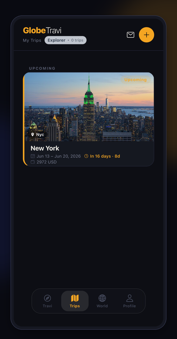 GlobeTravi trip list showing an upcoming New York trip with countdown, dates, and budget
